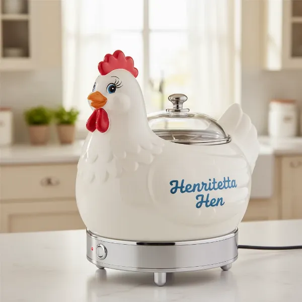 charming hen shaped egg cooker in white on kitchen counter