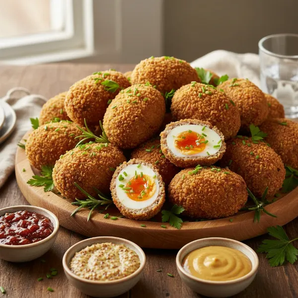 Freshly cooked homemade Scottish eggs arranged on a serving platter with dipping sauces