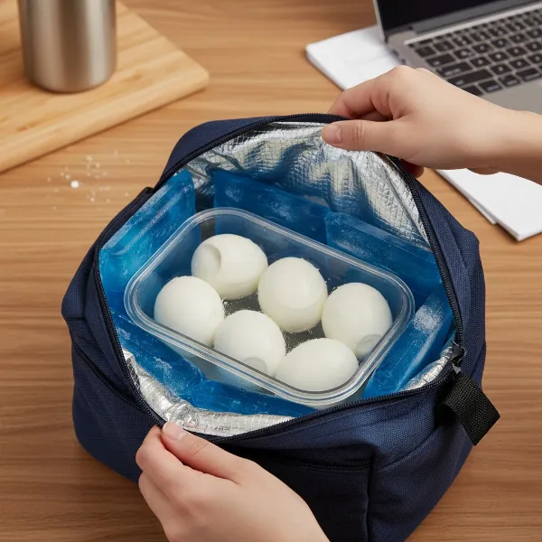 Insulated lunch bag with ice packs keeping hard-boiled eggs cold for safe transport to work or school.
