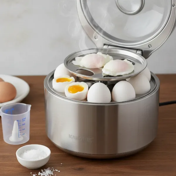 Kalorik egg cooker showcasing different egg cooking styles: soft-boiled, hard-boiled, and poached