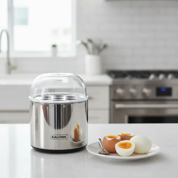 Kalorik stainless steel egg cooker on a modern kitchen counter with cooked eggs