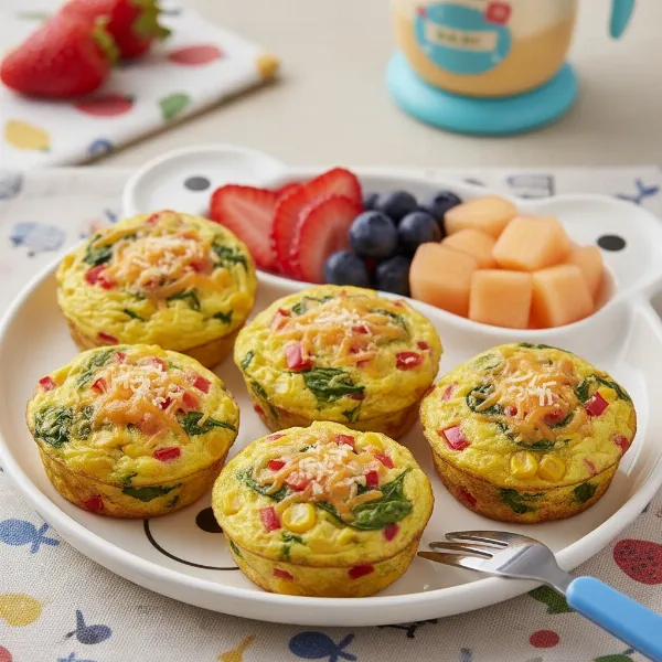 Colorful mini egg bites with vegetables, arranged attractively for kids' breakfast.