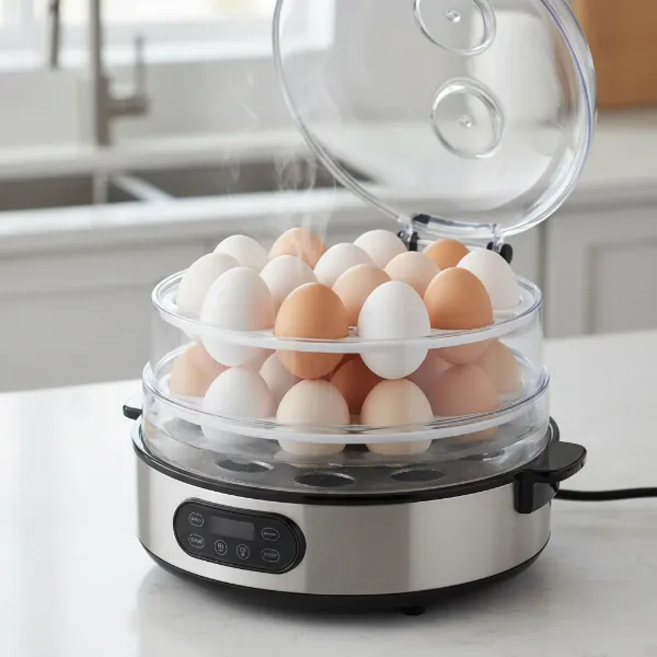 A large capacity egg cooker filled with multiple eggs ready for cooking.