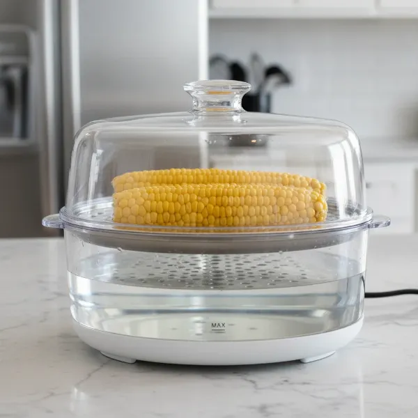 Large egg cooker set up with two ears of shucked corn and water.