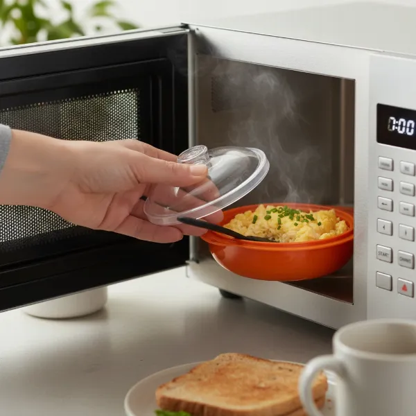 A compact microwave egg cooker preparing scrambled eggs quickly.