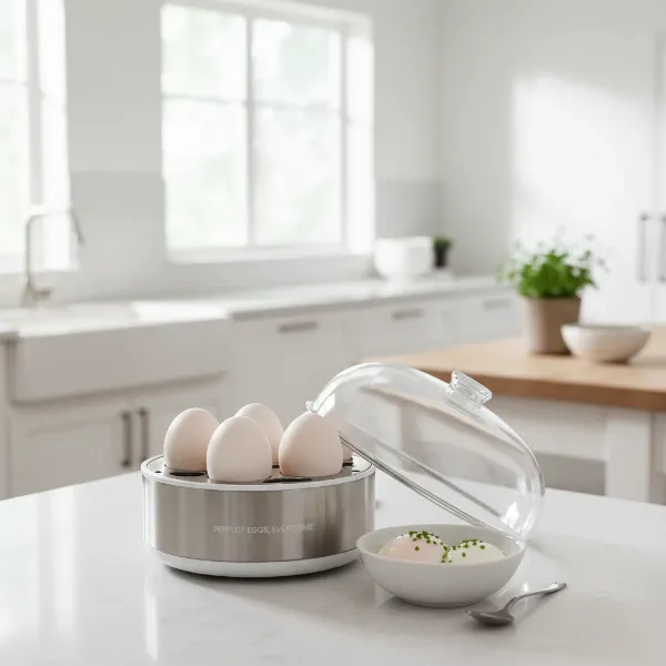 A modern electric egg cooker producing perfectly boiled and poached eggs consistently.