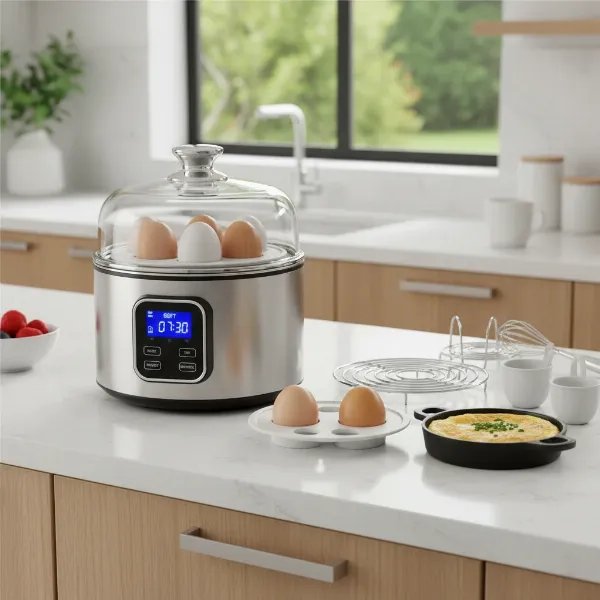 A contemporary electric egg cooker showcasing its multi-functional capabilities.