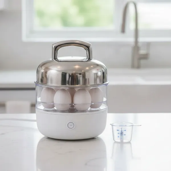 A Mueller Austria Rapid Egg Cooker with a stainless steel lid and eggs inside.
