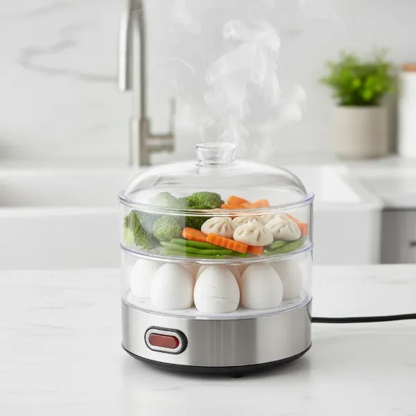 A versatile multi-tier egg cooker steaming eggs, vegetables, and dumplings simultaneously for healthy meals.