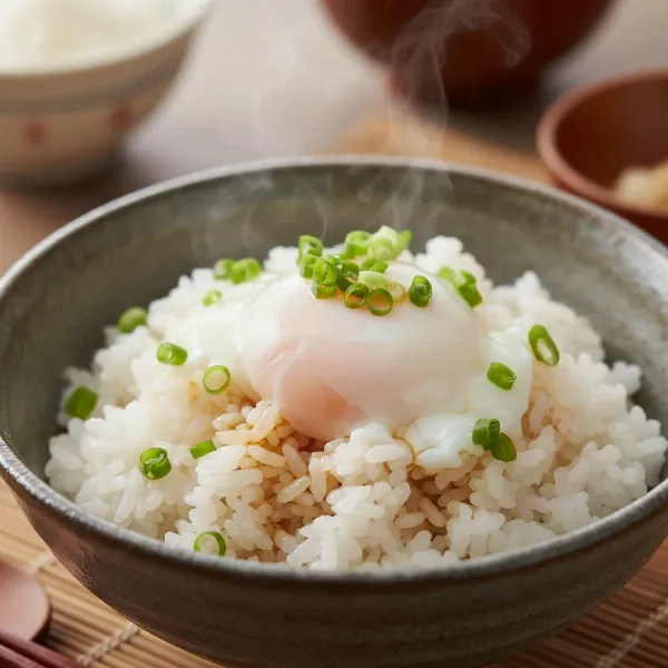 Onsen tamago served atop hot steamed rice with green onions and a drizzle of sauce.