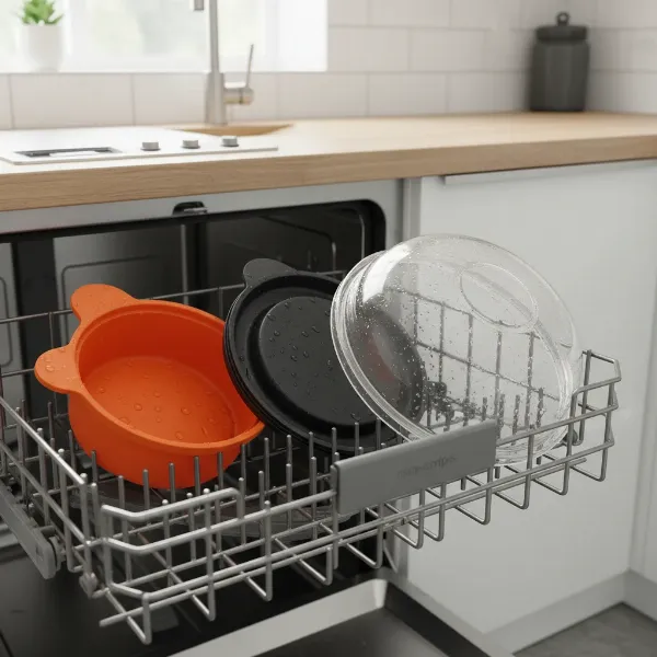 The disassembled OXO Good Grips Microwave Egg Cooker components being placed into a dishwasher rack for easy cleaning.