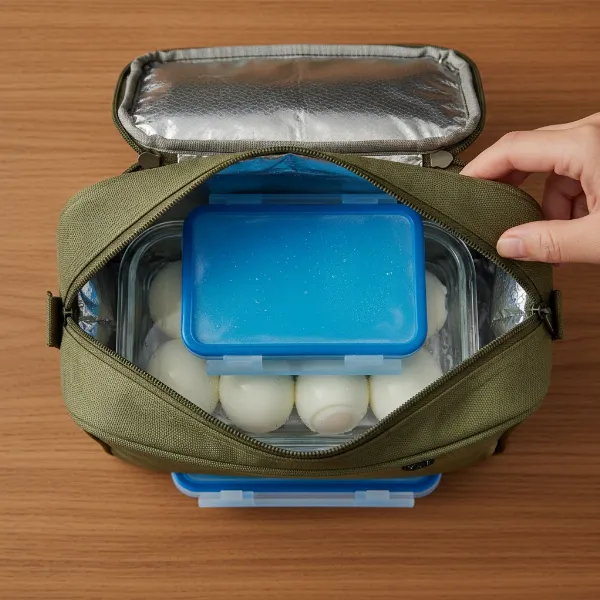 Step-by-step process of packing hard-boiled eggs safely in an insulated lunch bag for meal prep.