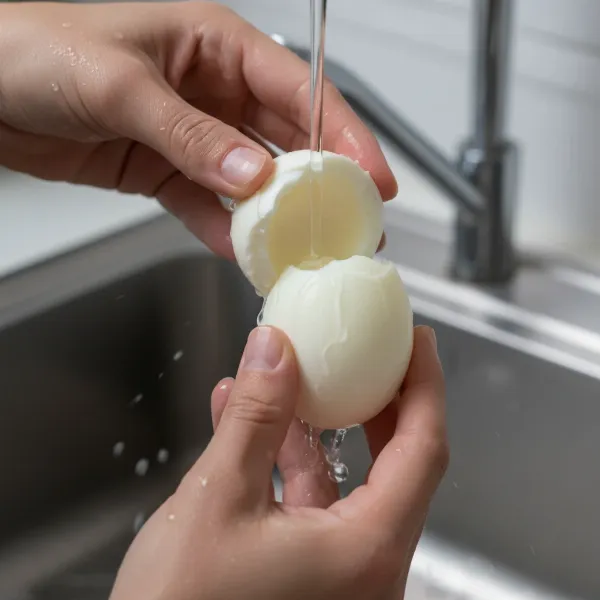 Hands peeling a hard-boiled egg under a gentle stream of cold running water