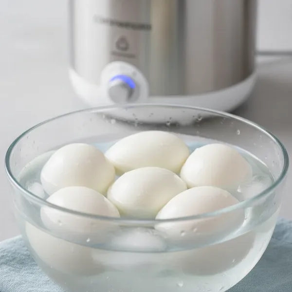 Perfectly peeled hard-boiled eggs cooling in an ice bath next to an egg cooker, ensuring easy peeling.