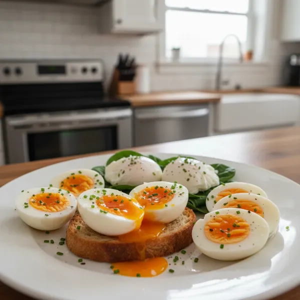 Assortment of perfectly cooked soft, medium, and hard-boiled eggs with poached eggs, ready from an egg cooker.
