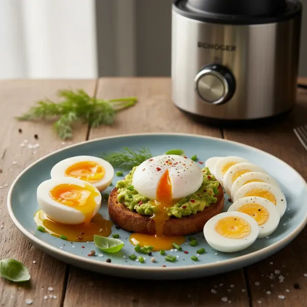 Assortment of perfectly cooked soft-boiled, hard-boiled, and poached eggs on a breakfast plate.