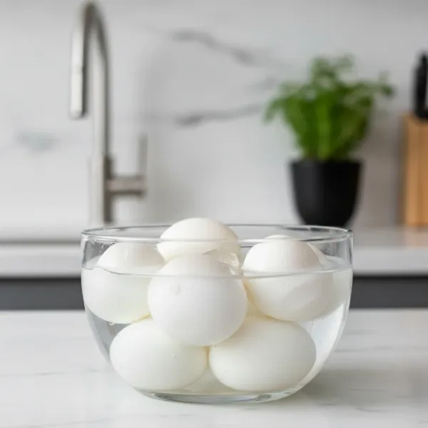 A bowl of ice water with several hard-boiled eggs cooling to prevent overcooking.