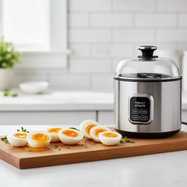 Variety of perfectly cooked eggs, soft, medium, hard, next to an automatic egg cooker.
