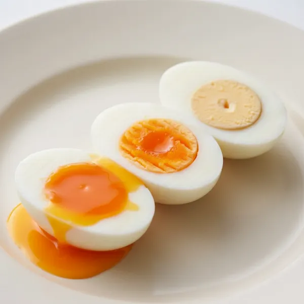 Three perfectly cooked eggs, showing soft, medium, and hard-boiled consistencies, peeled and cut.