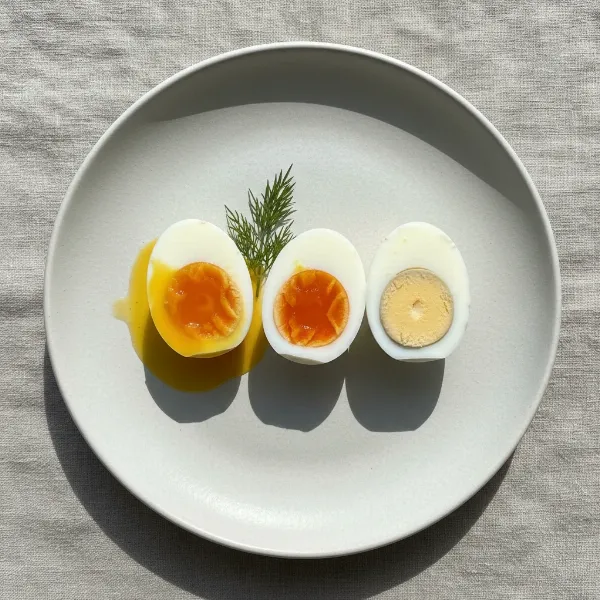 Three perfectly boiled eggs cut in half, showing soft, medium, and hard-boiled yolks.
