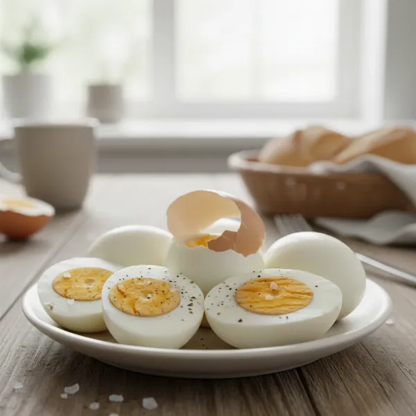 A plate of perfectly cooked hard-boiled eggs with easily removable shells, demonstrating the Chefman egg cooker's efficiency.