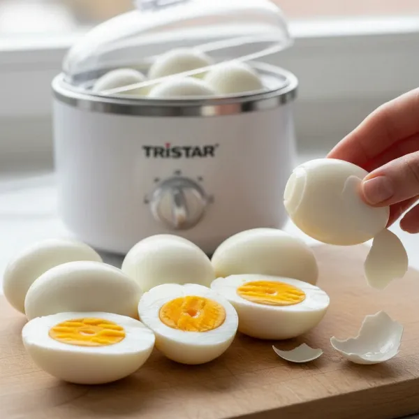 A close-up of perfectly peeled hard-boiled eggs next to the Tristar 7-Egg Boiler.