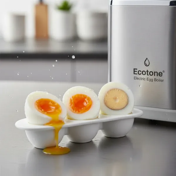 Three perfectly cooked eggs, soft-boiled to hard-boiled, ready after using an Ecotone egg cooker.
