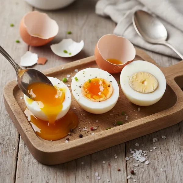 Perfectly cooked soft, medium, and hard-boiled eggs on a tray, easy to peel.