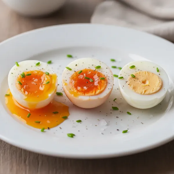 Three half-cut eggs showing soft, medium, and hard-boiled yolks on a plate.