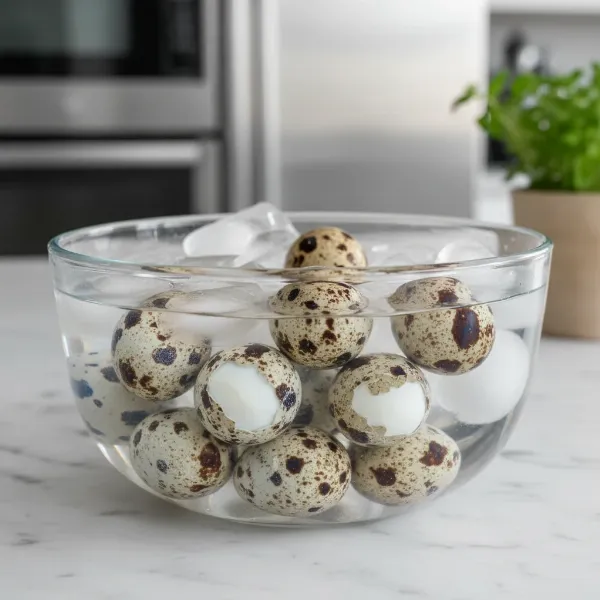 Perfectly cooked hard-boiled quail eggs resting in a bowl of ice water for easy peeling.