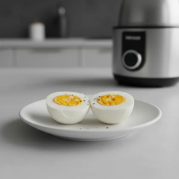 A perfectly peeled hard-boiled egg cut in half, showing a firm, yellow yolk.