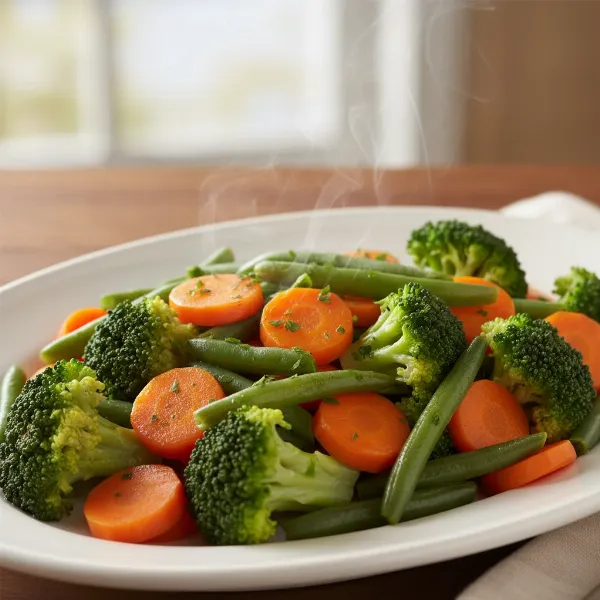 A vibrant plate of perfectly steamed mixed vegetables like broccoli, carrots, and green beans.