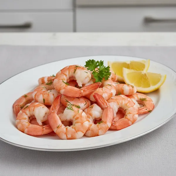 A plate of perfectly steamed, pink shrimp garnished with fresh herbs and lemon wedges.