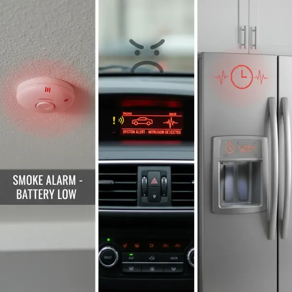 Collection of common household devices with persistent buzzers like smoke detector, car alarm, appliance.