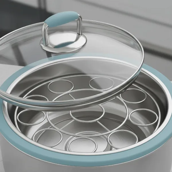 Close-up view of a stainless steel egg cooker's internal components, showcasing food-grade stainless steel and glass.