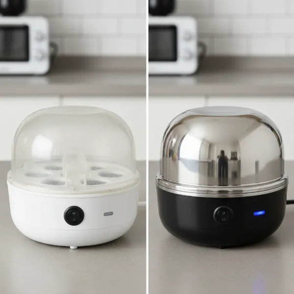 Comparison of an egg cooker with a clear plastic lid and one with a durable stainless steel lid.