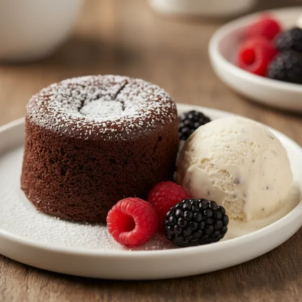 Warm chocolate lava cake served on a plate with powdered sugar and vanilla ice cream.