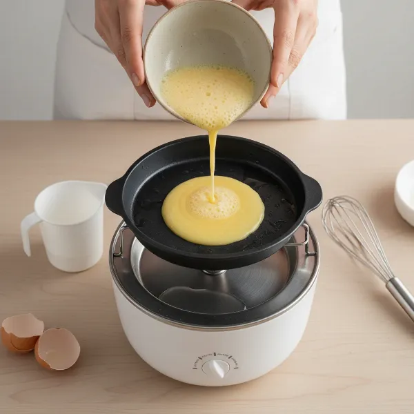 Hands pouring whisked egg mixture into a greased omelet tray inside an egg cooker.