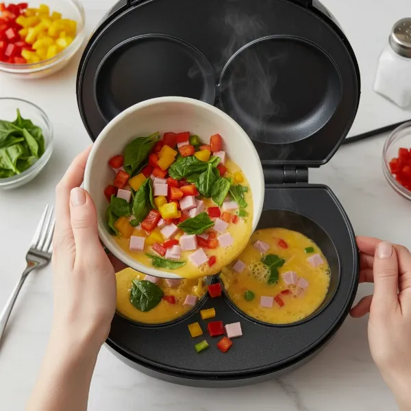 Hands carefully pouring whisked egg mixture with chopped vegetables into an omelet maker tray.