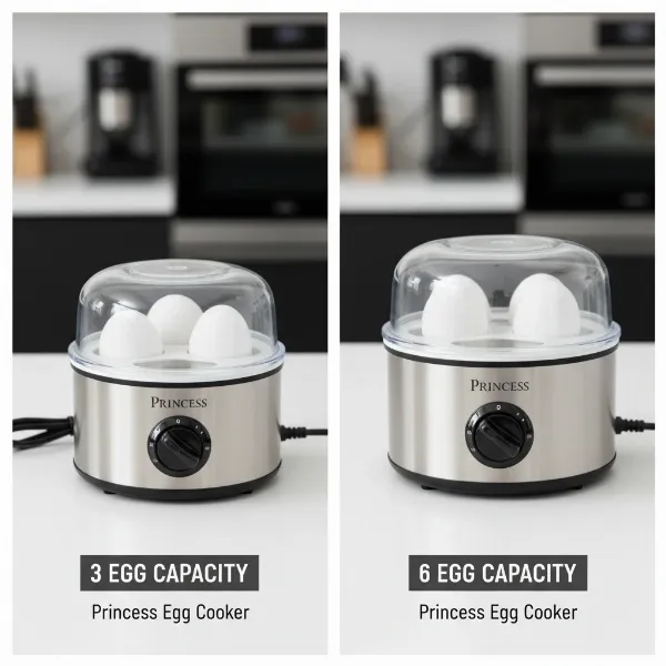 Two Princess egg cookers side-by-side, comparing 3-egg and 6-egg models.