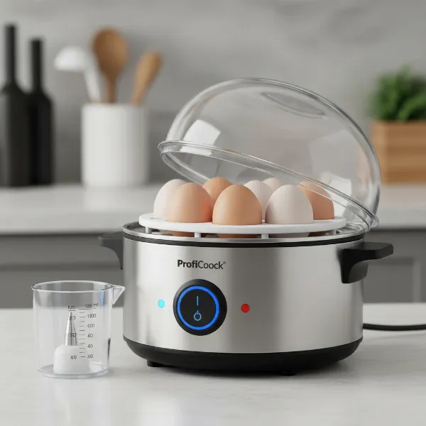 ProfiCook PC-EK 1139 showing measuring cup, egg pricker, and control panel