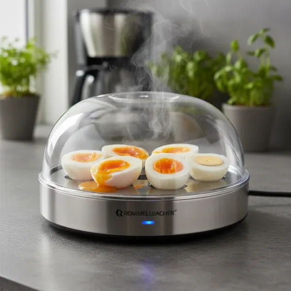 A Rommelsbacher ER 400 egg boiler with perfectly boiled eggs of varying consistencies inside.