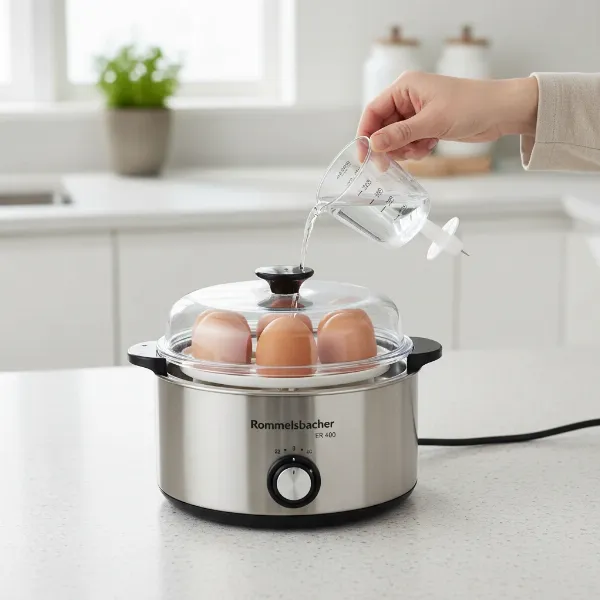 A Rommelsbacher ER 400 egg boiler with its components laid out and in use.