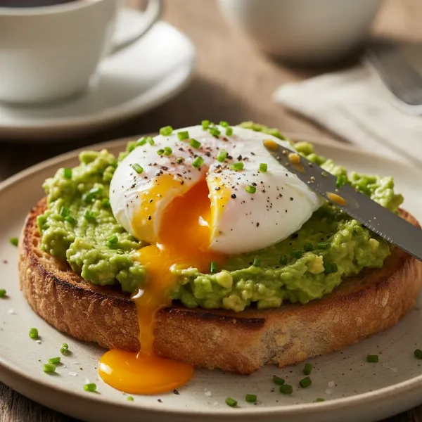 Close-up of a perfectly poached egg on avocado toast with a bright runny yolk
