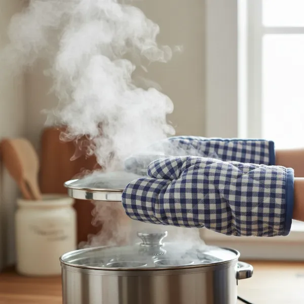 A person carefully lifting an egg cooker lid away from their face to avoid hot steam