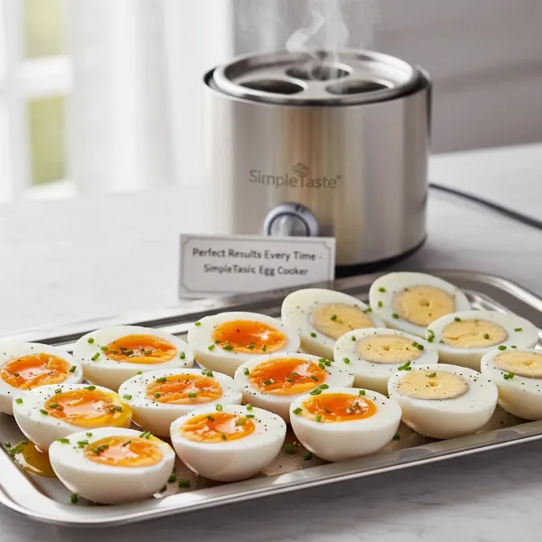 Various eggs showing different doneness levels from soft to hard-boiled on a tray