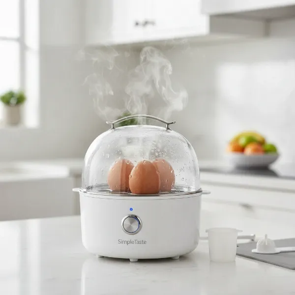 A white SimpleTaste electric egg cooker on a kitchen counter, ready to cook eggs with steam