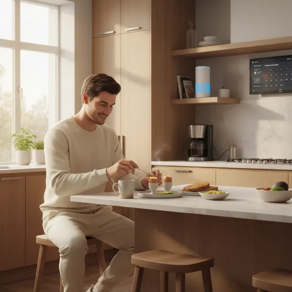A person enjoying a relaxed morning with perfectly cooked eggs and smart home devices working together.