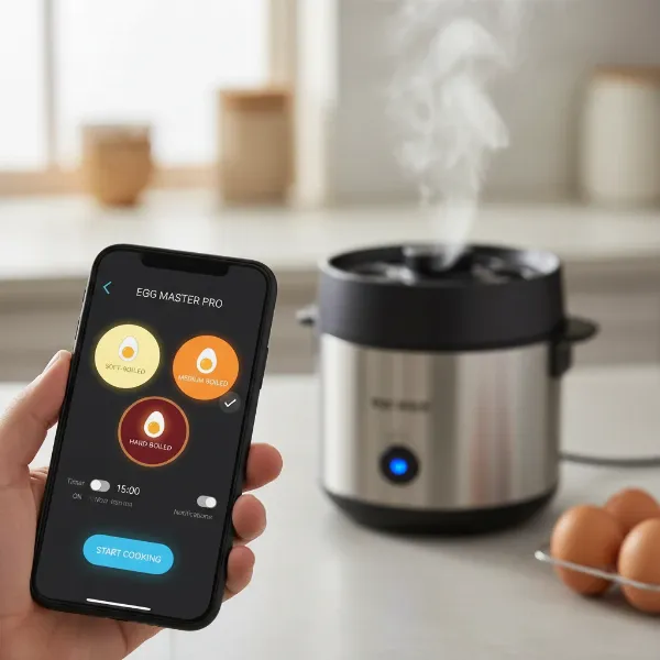 A smartphone screen displaying an app controlling a smart egg cooker to cook perfect eggs.