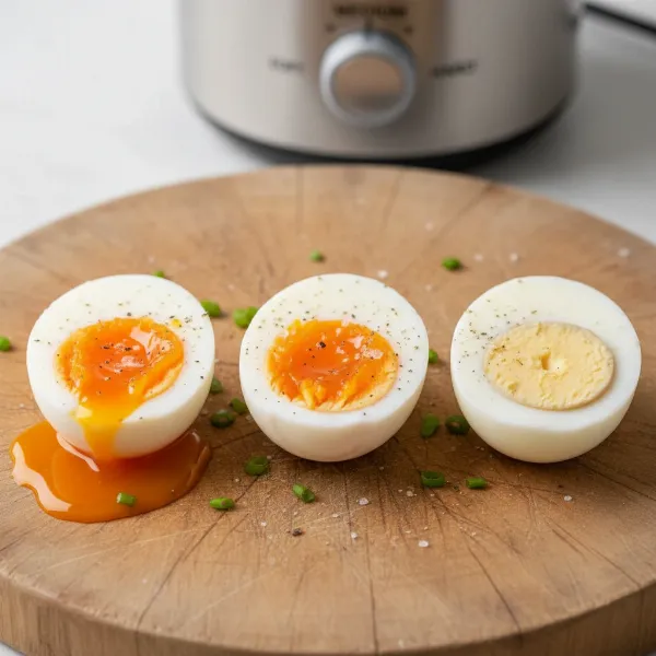 A visual comparison of three eggs cut in half, showing soft, medium, and hard-boiled yolks.
